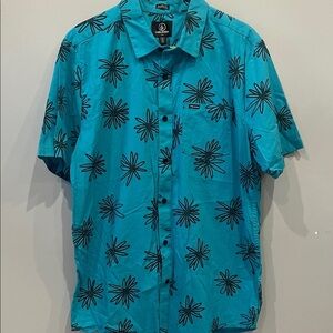 Volcom Men's Teal Short-Sleeve Printed Button-Up Shirt